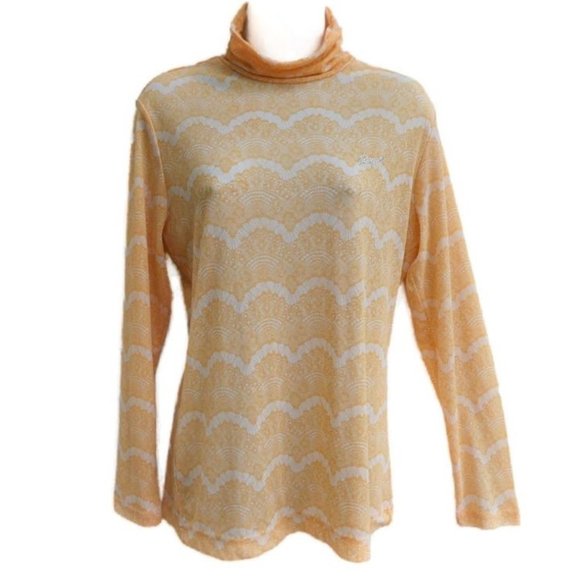 Bogner Mesh Mock Neck Top Stretchy Lite Geo Crystal Logo Light Peach Vintage M - Picture 2 of 9